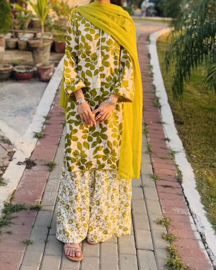 Green lawn sharara 3 piece stitched